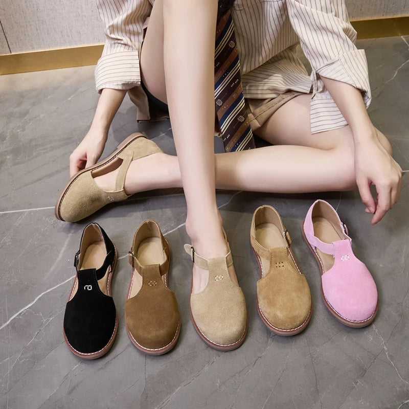 Flache Ledersandalen mit Riemen und Schnalle, mehrere Farben: Schwarz, Braun, Khaki, Rosa
