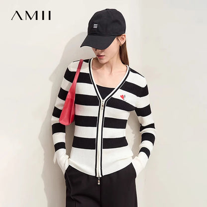 Damen-Strickjacke Kaschmir-Wolle Slim Streifen Reißverschluss Herbst
