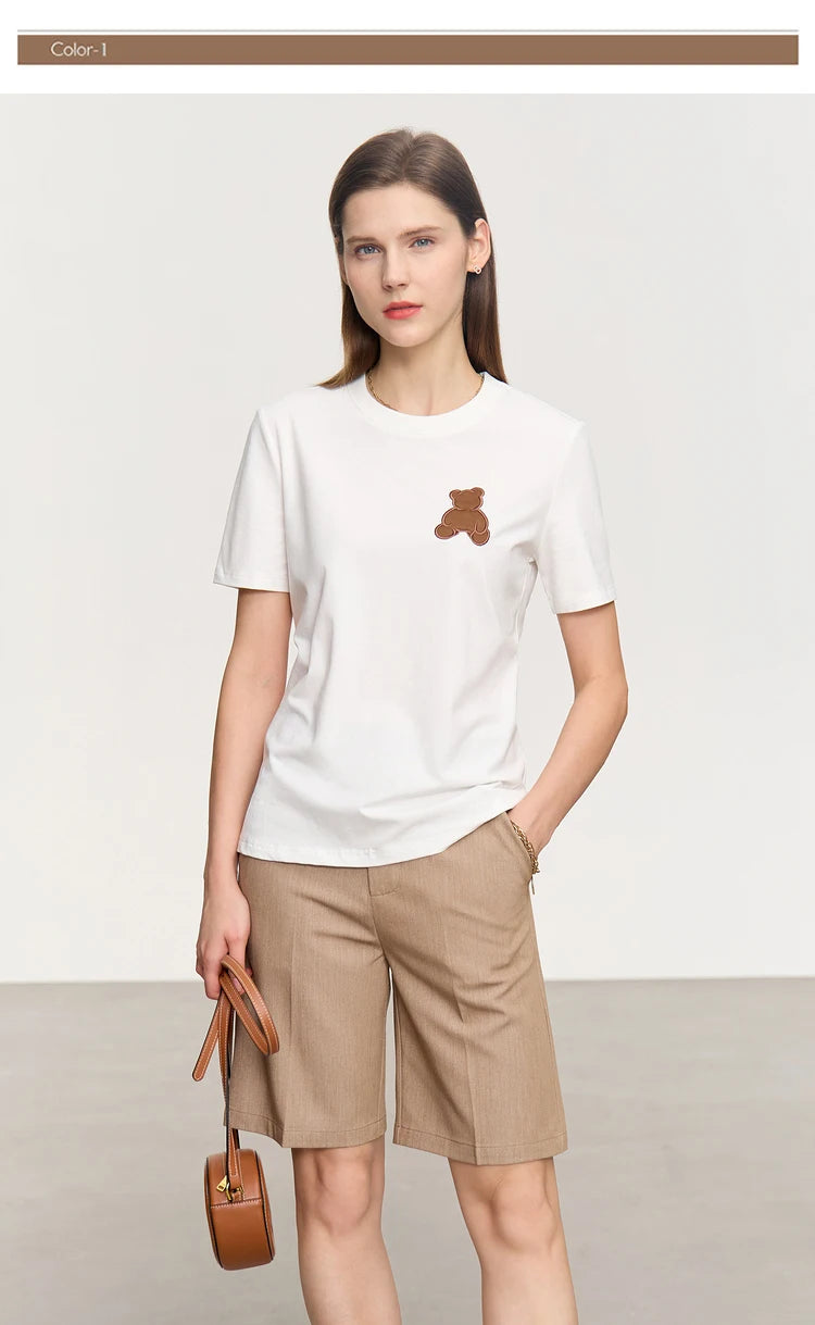 Damen Top im minimalistischen Stil mit Bären-Applikation und O-Ausschnitt