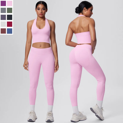 Yoga-Set für Frauen, ärmelloser Sport-BH und Leggings, pfirsichrosa, körperbetont.