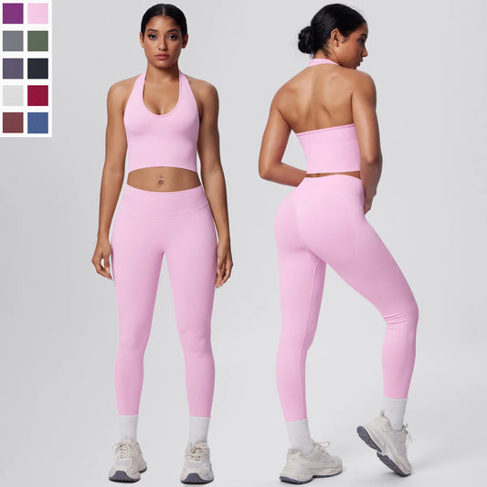 Yoga-Set für Frauen, ärmelloser Sport-BH und Leggings, pfirsichrosa, körperbetont.