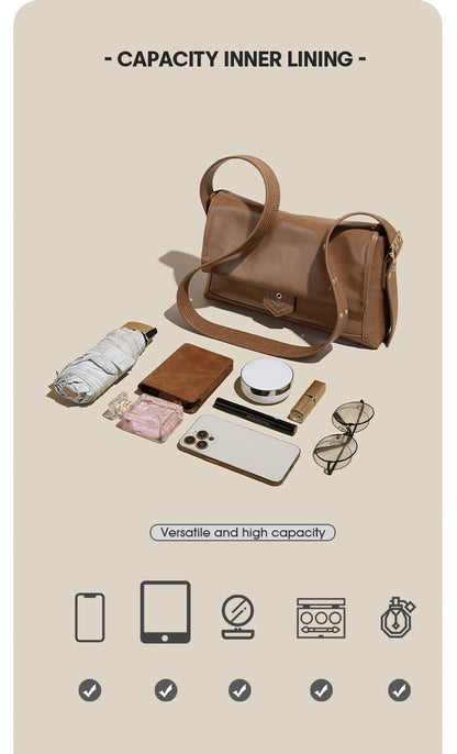 Damen Schultertasche aus Spaltleder und PU im Retro-Stil