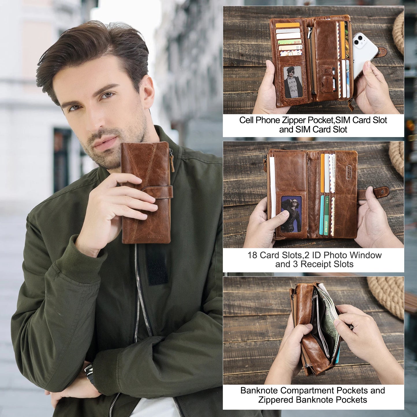 Herren Echtleder Lange Geldbörse Vintage Handyfach Fotohalter Kartenhalter Reise