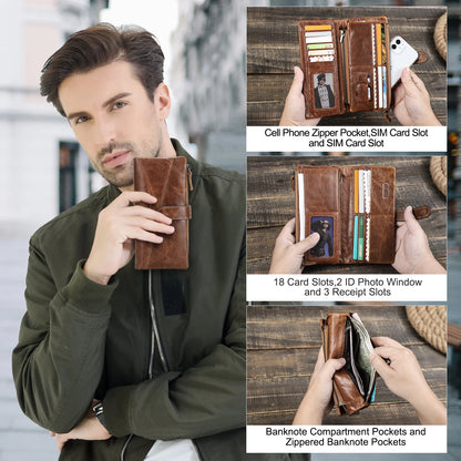 Herren Echtleder Lange Geldbörse Vintage Handyfach Fotohalter Kartenhalter Reise
