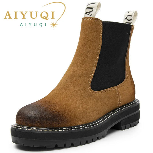 Damen-Chelsea-Boots aus Wildleder, braun mit schwarzem Elastikeinsatz, Profilsohle