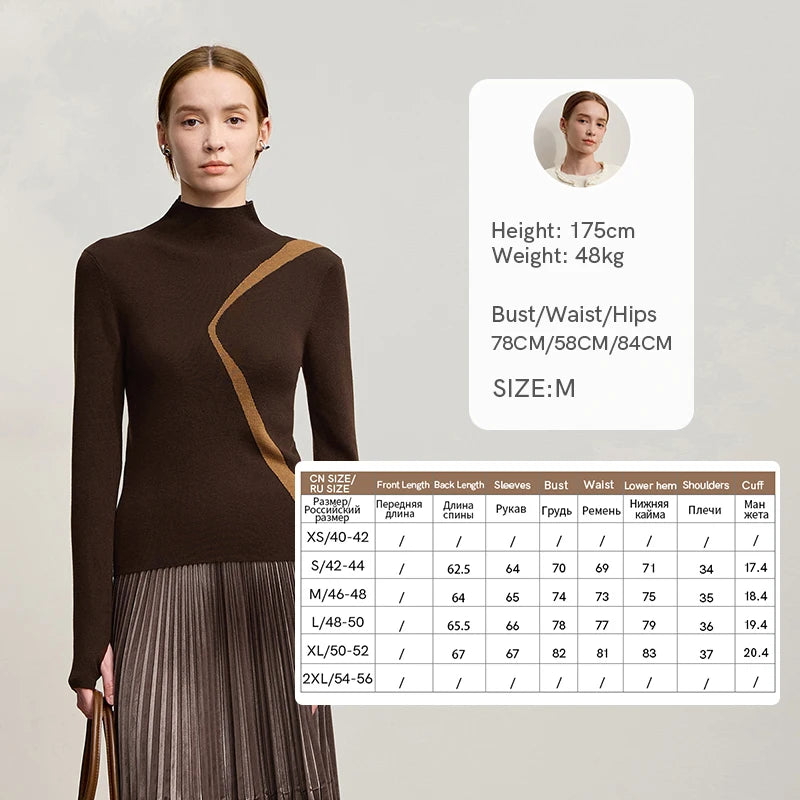 Brauner Damenpullover mit Stehkragen und diagonalen Kontrast-Panels