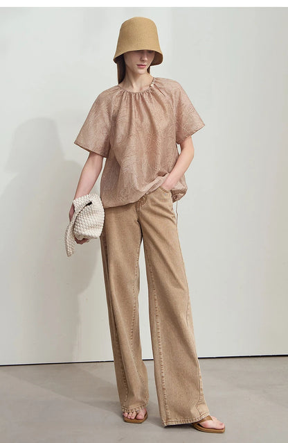 Damen T-Shirt im minimalistischen Sommer-Stil mit Kordelzug und Rundhalsausschnitt