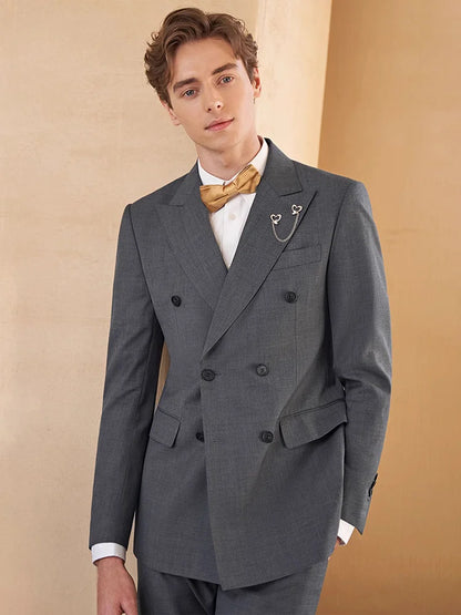 Eleganter Herrenanzug aus 30% Wolle: Grauer Slim-Fit Doppelreiher für Hochzeit & Business