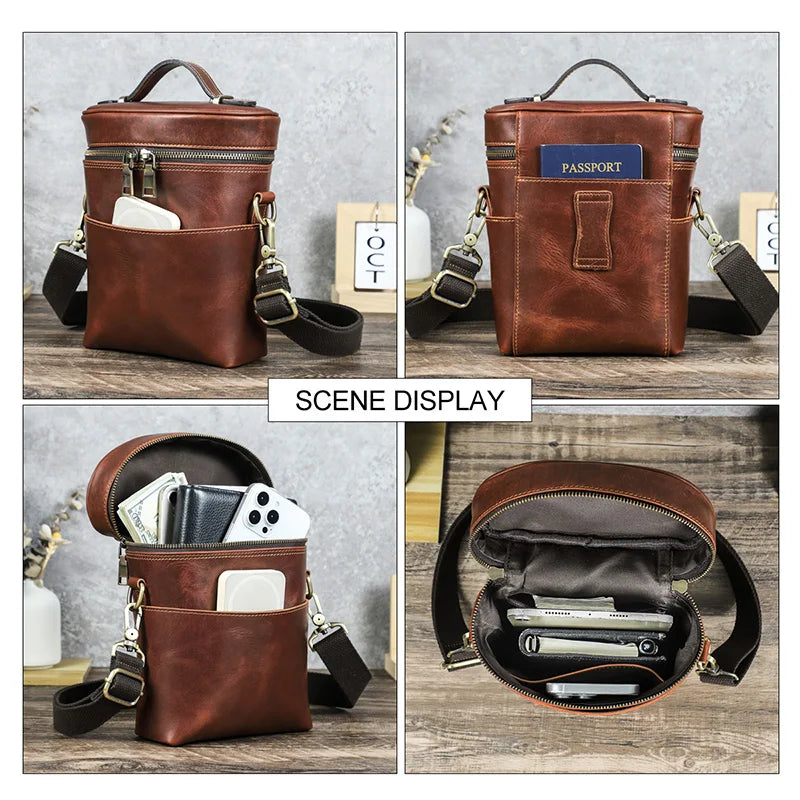 Braune Ledertasche mit Reißverschluss und breitem Schulterriemen, offen und von innen gezeigt