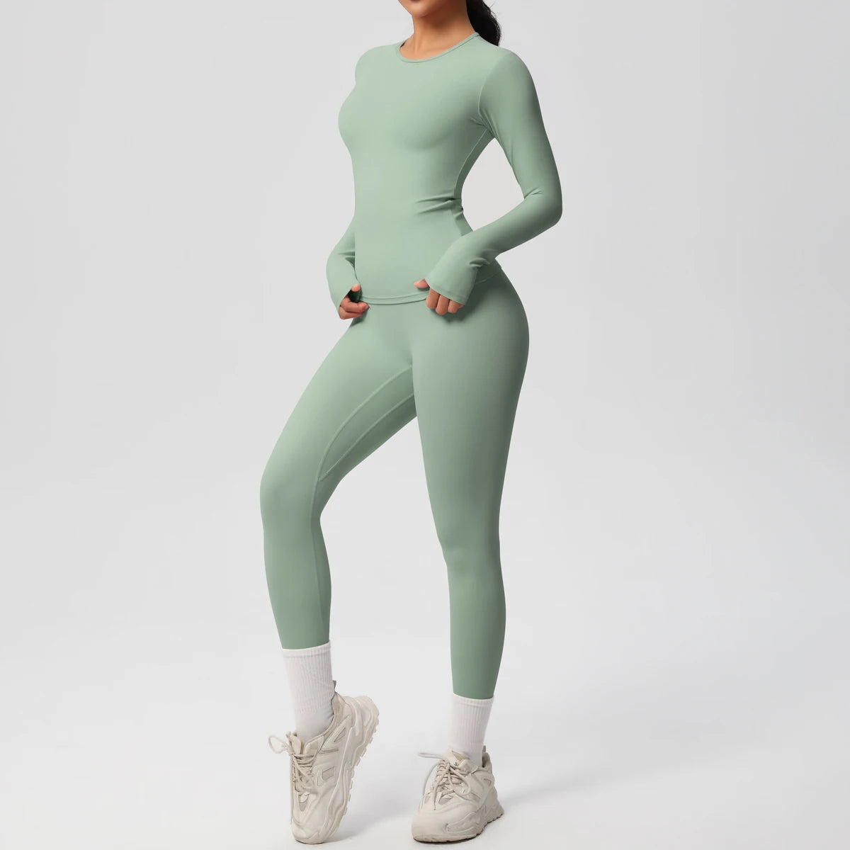 Gym-Leggings-Set, langarm, hellgrün, figurbetont mit hoher Taille und Bündchen