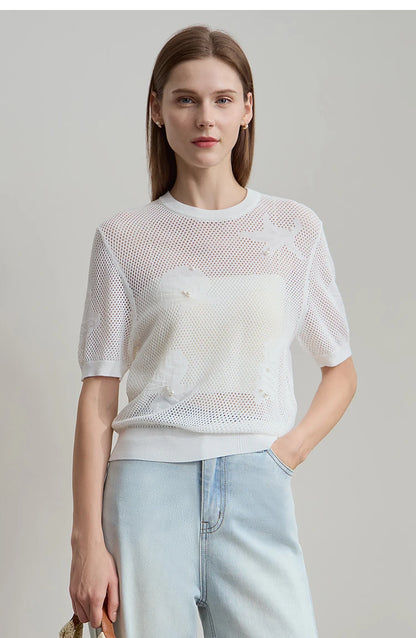 Damen Top im minimalistischen Ozean-Stil mit Perlenbesatz und durchbohrten Löchern