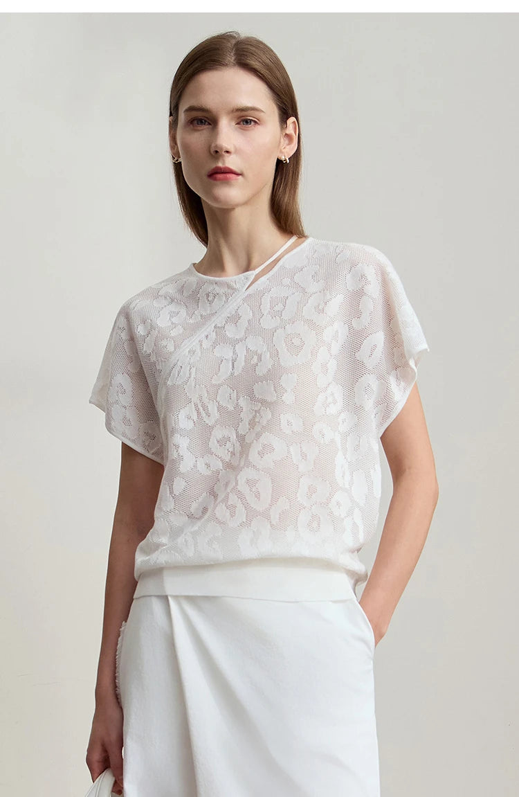 Damen-T-Shirt weiß mit Jacquard-Blumenmuster, kurzarm, Rundhalsausschnitt