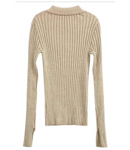 Damen-Strickjacke Polokragen Slim doppelreihig Wolle-Mix Frühling-Herbst