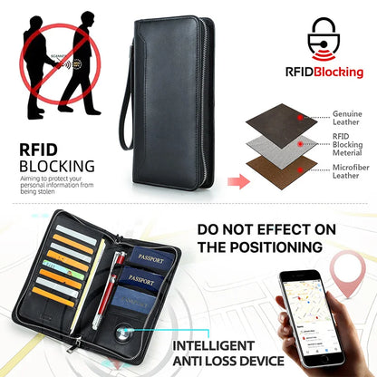 Schwarzes Leder-Passportetui mit RFID-Schutz, Reißverschluss und Kartenfächern