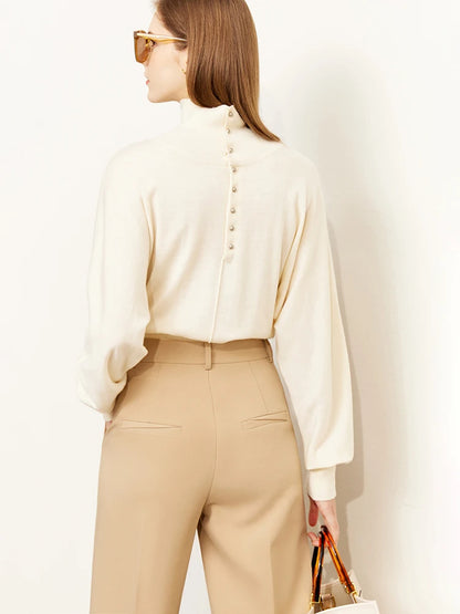Damen-Rollkragenpullover 100 % Wolle locker Fledermausärmel Herbst