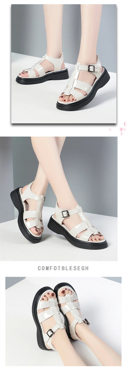 AIYUQI Frauen Sandalen Sommer 2025, Neue Echtes Leder Keil Frauen Sandalen Offene spitze Römischen Sandalen Frauen