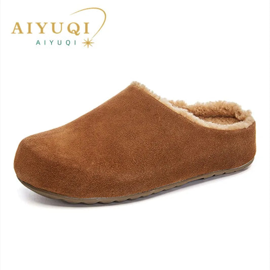 AIYUQI Hausschuhe Weiblichen Echten Leder 2024 Neue Slip-on Winter Hausschuhe Damen Casual Fleece Trend Hausschuhe Schuhe Frauen