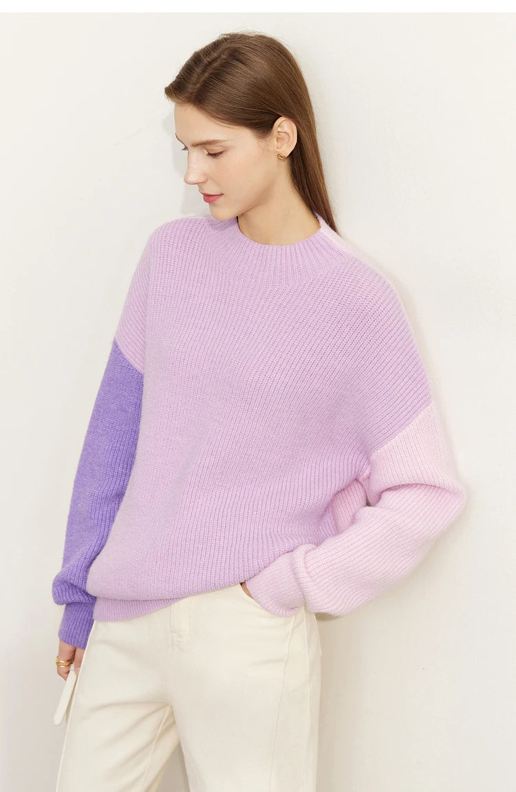 AMII Pullover Damen, Rundhals, lila mit violettem Ärmelblock, Strickpulli