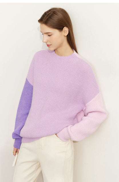 AMII Pullover Damen, Rundhals, lila mit violettem Ärmelblock, Strickpulli
