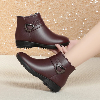 Damen Schneestiefel aus echtem Leder mit rutschfestem flachem Boden