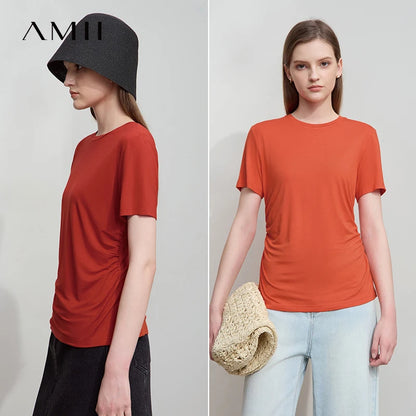 Damen Sommer-T-Shirt im minimalistischen Stil mit schmalem O-Ausschnitt und kurzen Ärmeln