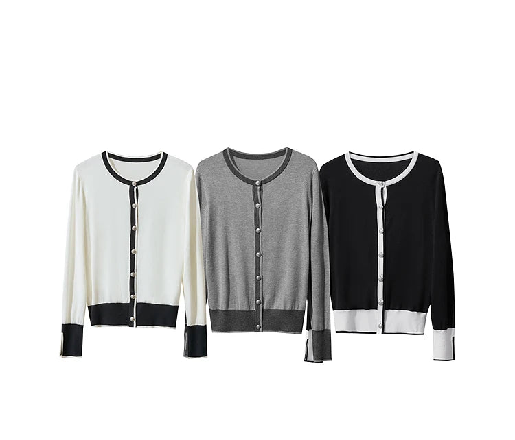 Damen-Strickjacke Rundhals Patchwork gerade elegant vielseitig Herbst