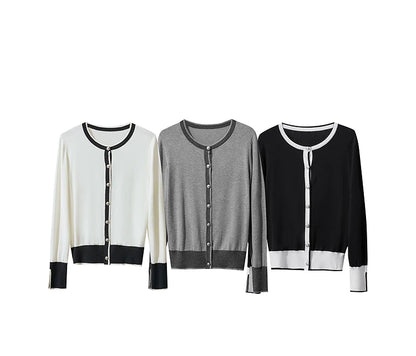 Damen-Strickjacke Rundhals Patchwork gerade elegant vielseitig Herbst