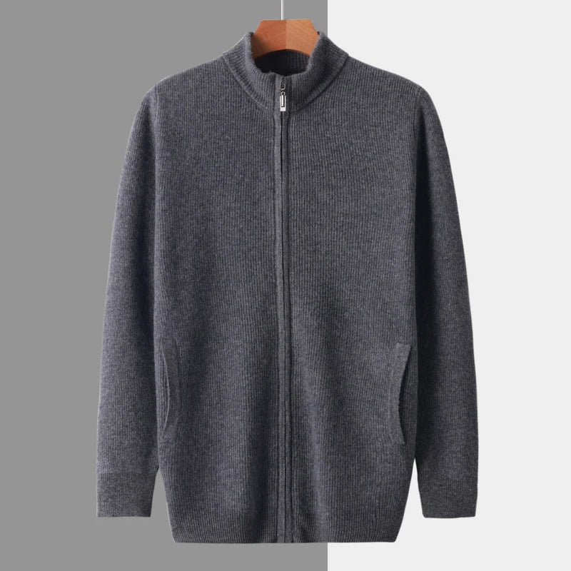 Stehkragen Reißverschluss Strickjacke Pullover Herrenmantel Business Casual Herbst Winter neue reine Wolle Strickjacke Männer Doppeltaschen