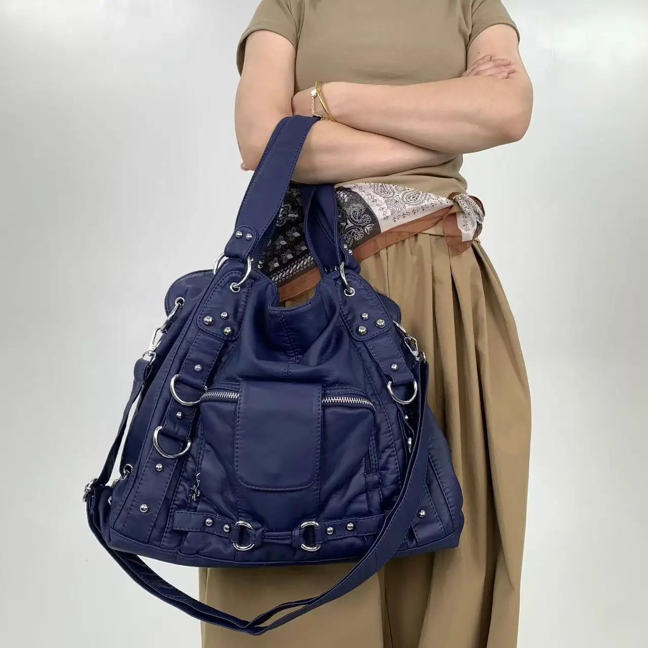Damen-Vintage-Schultertasche Große Schwarze Mit Top-Griff Und Mehreren Fächern Für Viel Stauraum