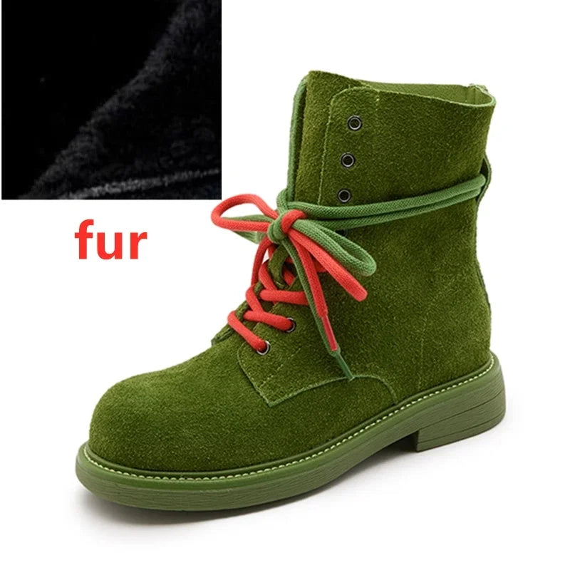 Knöchel-Bikerboots mit Felloptik, olivgrün, Schnürung, flache Laufsohle mit Ziersteppung