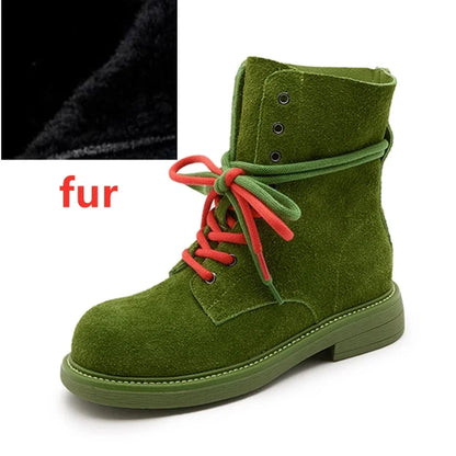 Knöchel-Bikerboots mit Felloptik, olivgrün, Schnürung, flache Laufsohle mit Ziersteppung