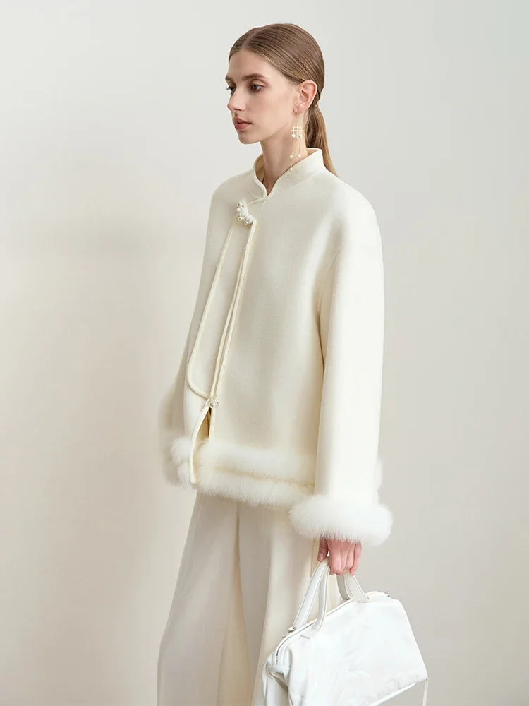Damen Jacke im chinesischen Stil mit Perle Schnalle und Stehkragen