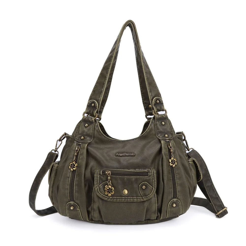 Damen-Schultertasche mit Top-Griff aus weichem PU und Mehrfachfächern mit Reißverschluss und Innenfutter aus Polyester