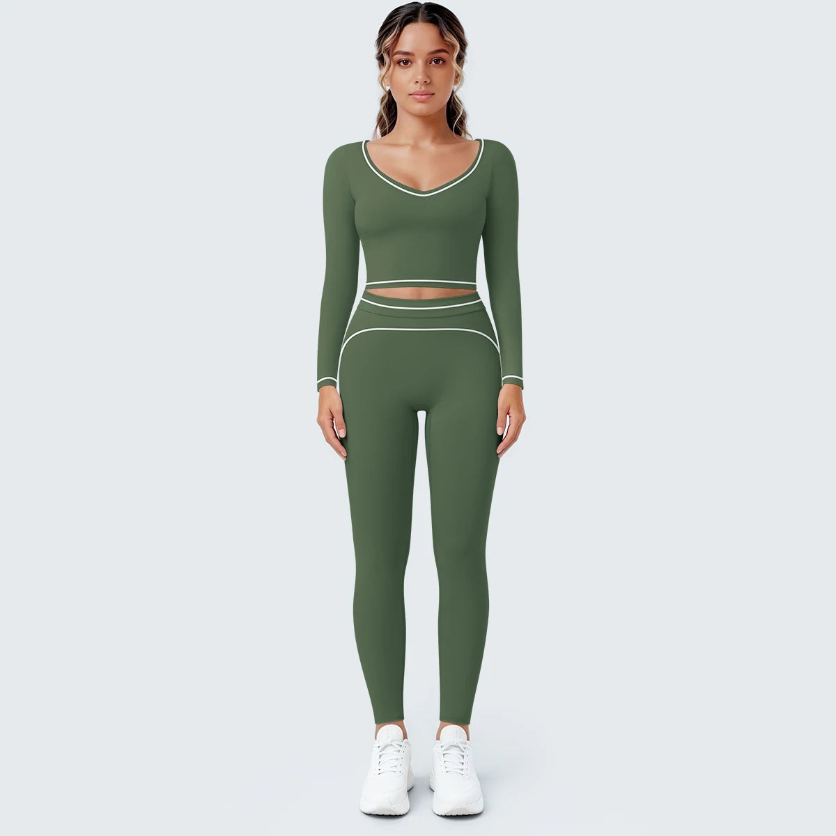 Damen-Yogaset mit Langarmoberteil und Leggings, moosgrün, mit Kontrastband