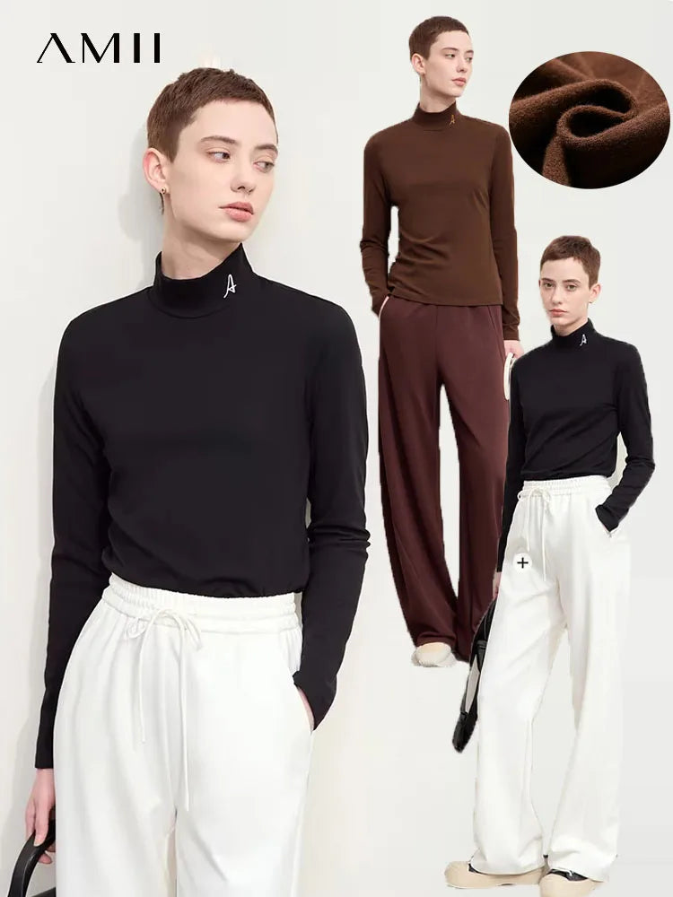 Damen Rollkragen-T-Shirt aus besticktem Fleece für warme Wintertage