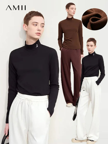 Damen Rollkragen-T-Shirt aus besticktem Fleece für warme Wintertage