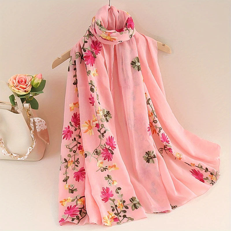 Damen Baumwoll Leinen Schal Farbverlauf Stickerei Bandana Hijab Sommer Sonnenschutz
