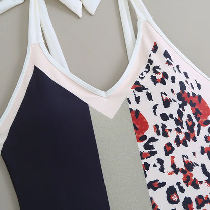 Damen Badeanzug Leopard Spleiß V-Ausschnitt mit Rock Monokini