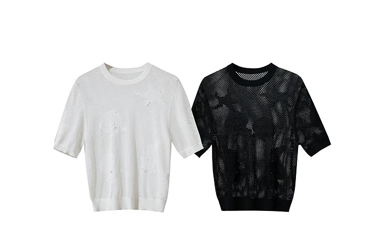 Damen Top im minimalistischen Ozean-Stil mit Perlenbesatz und durchbohrten Löchern