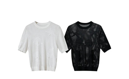 Damen Top im minimalistischen Ozean-Stil mit Perlenbesatz und durchbohrten Löchern