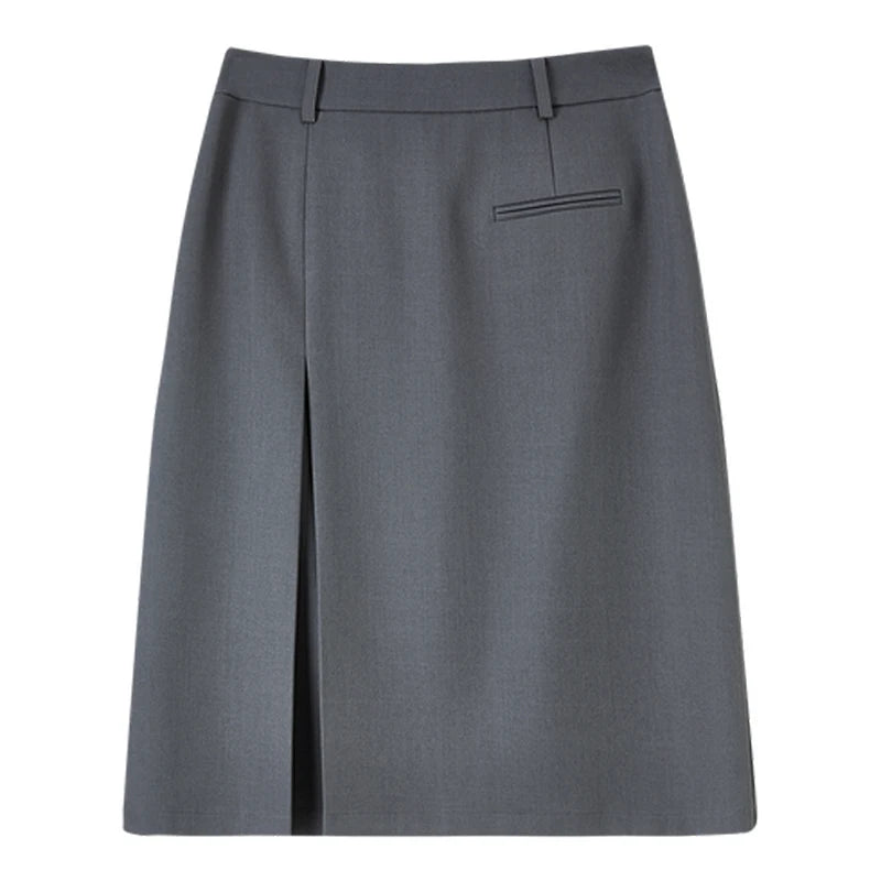Damen Rock in Grau mit hohen Taille und Falten im Büro-Stil