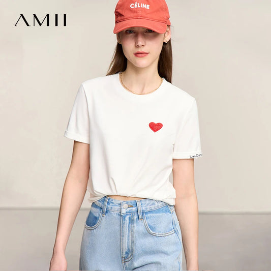 Damen T-Shirt im minimalistischen Stil mit bestickten Liebesperlen für den Sommer