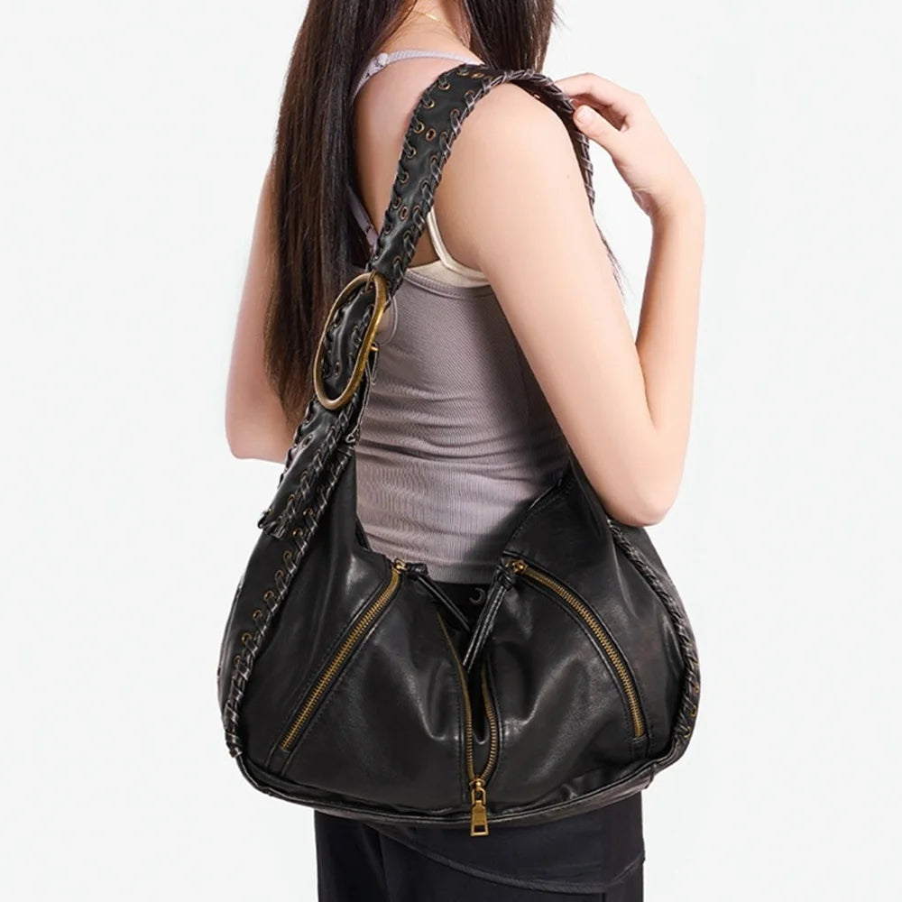 Damen-Hobo-Handtasche Vintage-Stil aus weichem Kunstleder mit geflochtenem Tragegurt und Mehrfach-Reißverschlussfächern
