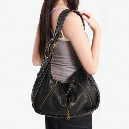 Damen-Hobo-Handtasche Vintage-Stil aus weichem Kunstleder mit geflochtenem Tragegurt und Mehrfach-Reißverschlussfächern