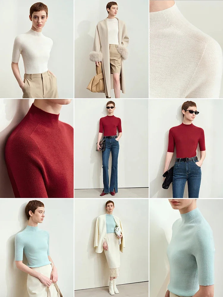 Kurzarm-Damenpullover mit halbem Rollkragen im Farbmix: weiß, blau, rot