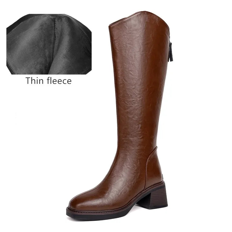Women Winter Boots Genuine Leather Natural Wool Warm Female Knight Boots Square Toe Back Zipper Western Cowboy Boots Women
