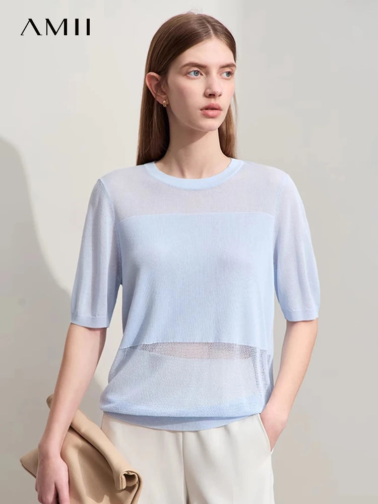Damen-Strickpullover mit O-Ausschnitt, kurzärmelig, hellblau mit transparenter Streifenoptik
