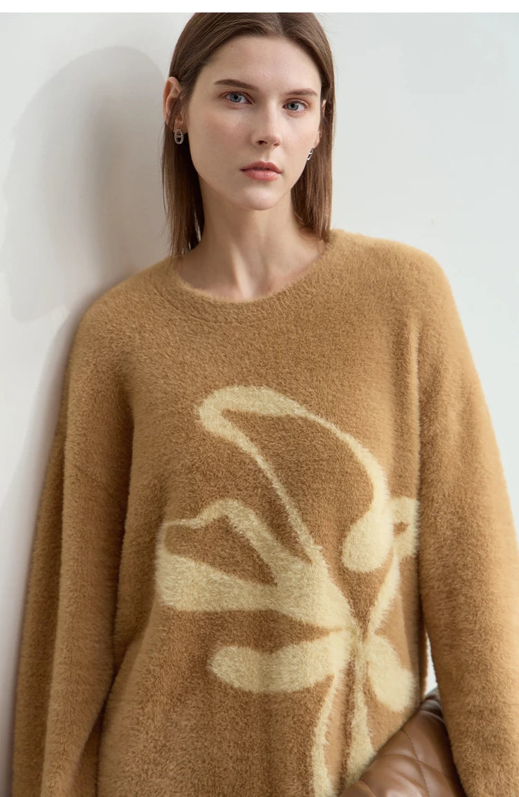 Damen-Pullover kaffebraun mit beigem Jacquard-Motiv, Rundhalsausschnitt, lange Ärmel
