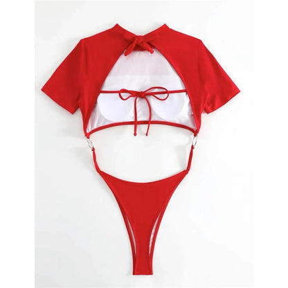 Damen Badeanzug Micro Tanga Cut-Out Monokini Kurzarm 9 Farben