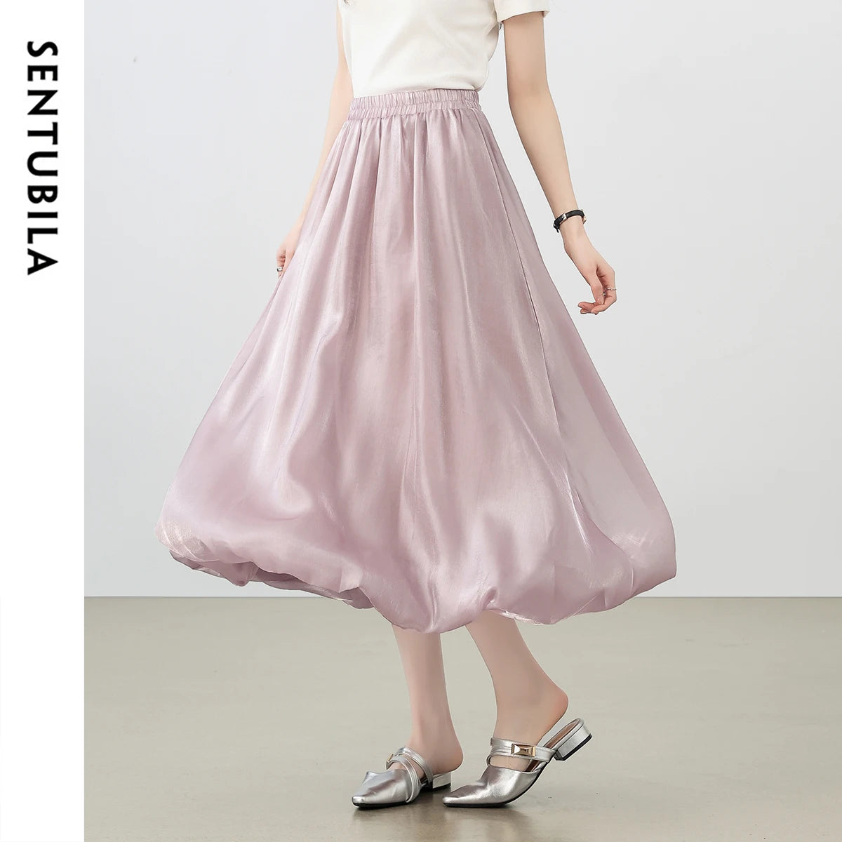 Damen Perlglanzrock im A-Linien Stil mit elastischer Taille für elegante Anlässe